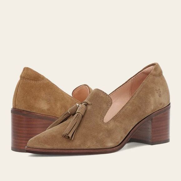 NWT  Frye Pointed Toe Suede Leather Sadie Venetian Tassel Loafers Almond Sz 11M - Picture 1 of 9